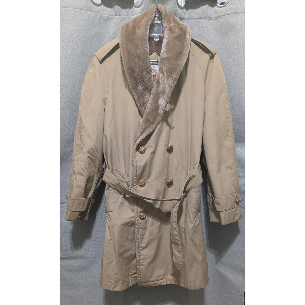 Mighty Mac Trench Coat Women M Tan Excellent Vintage Faux Fur Lined Belted USA